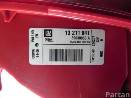 Vauxhall 13 211 841, 89038963 A, 368 158 932 / 13211841, 89038963A, 368158932 CORSAVAN Mk III (D) 2007 Taillight Left